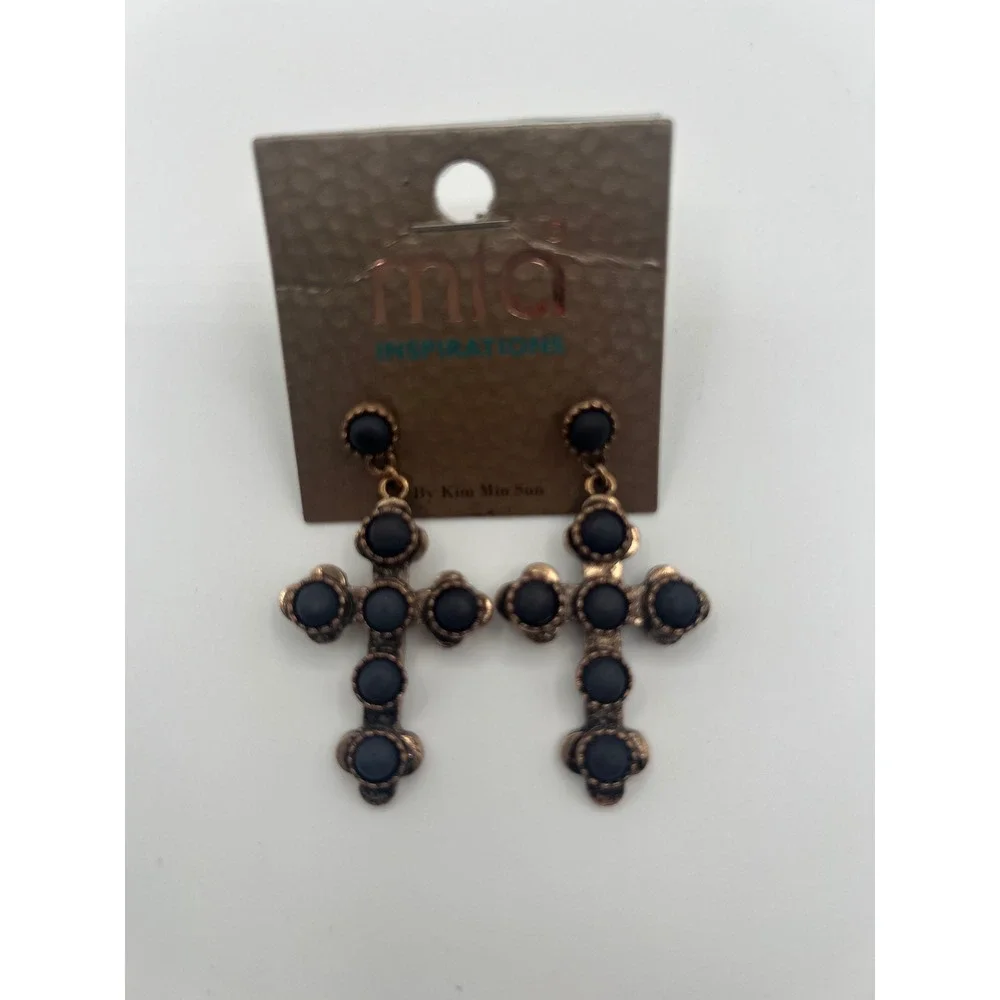 Mia Inspirations By Kim Min Sun Cross Drop Earrings Copper Black Matte Gothic